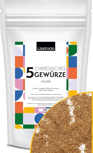 Limfood | 200g Chinesisches 5 Gewürze Pulver - China Gewürz mit Fenchel, Pfeffer, Sternanis, Ceylon Zimt, Nelken - Gewürzmischung für asiatische Gerichte
