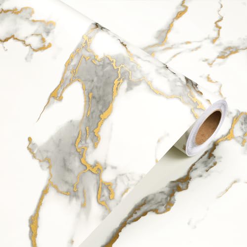 YENHOME Papier Peint Autocollant Aspect Marbre Blanc et Doré 40x500cm Papier Adhesif Mural Marbre Salon Rouleau Adhesif Decoratif pour Meuble Armoire Film Autocollant Meuble Plan De Travail Cuisine