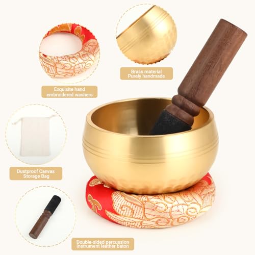 Bol Tibétain - Bol Chantant - Bol Tibétain Original, Handgefertigt en Laiton, 8 cm, avec Maillet, Support et Sac, pour Pleine Conscience, Méditation, Réduction du Stress, Guérison et Yoga – vue 2