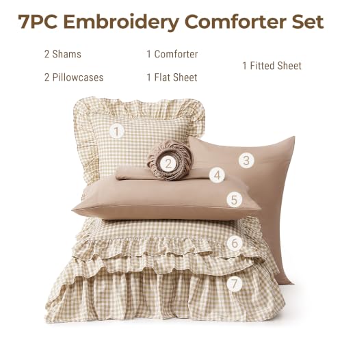Image of AMBERSPACE Queen Comforter Set Gingham Ruffle Tan 7 Pieces Bed in a Bag