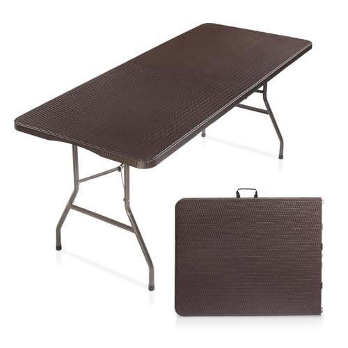 VINGLI 6 Foot Plastic Folding Table Portable Long Table for Indoor Outdoor Use Rectangular with Carrying Handle,Rattan Patterned HDPE Tabletop, Brown