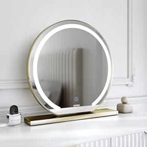 FABS Desktop Vanity Illuminated Makeup Mirror with Touch LED Lights Sensor 3 Colour Settings Dimmable Brightness Lighted Ring Semi-circle Dresser Mirror Gold Frame and rectangular stand (Eden Gold)