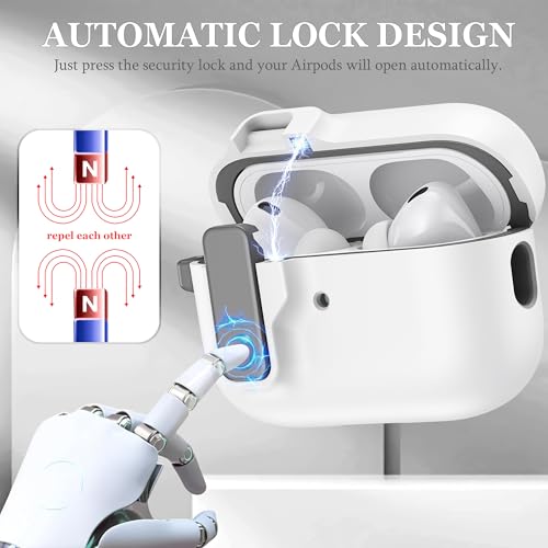 Compatible with AirPods Pro 2nd Generation,1st Gen 2019 Case with Lock, Full Protection Shockproof Auto Pop-Up Lid Design with Kawaii Keychain Charm, White