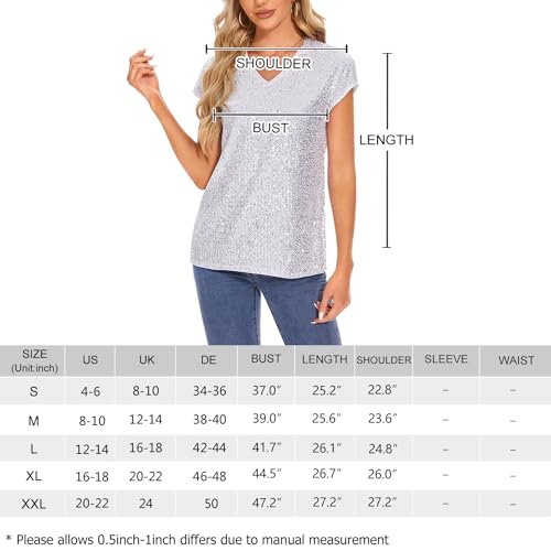 MINTLIMIT Bluse Damen Elegant Pailletten Glitzer Tops Kurzarm Festival Party Oberteil (Schwarz,L)