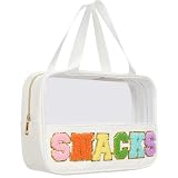 Burskit Snacks Bag Clear Chenille Varsity Letter Zipper Pouch Travel Makeup Bag Aesthetic Storage Organizer Pouches for Women with Glitter Patch Letters