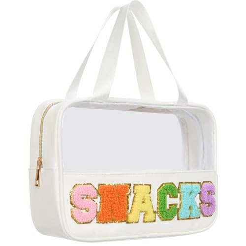 Burskit Snacks Bag Clear Chenille Varsity Letter Zipper Pouch Travel Makeup Bag Aesthetic Storage Organizer Pouches for Women with Glitter Patch Letters