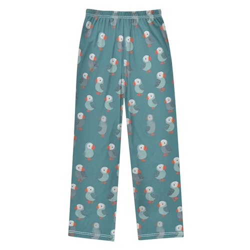 Cute Puffins Pattern Teal Pajama Lounge Pants with Pockets Sleepwear Soft Elastic Waist PJ Bottoms 6-14 Years2