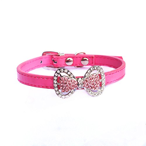 PETFAVORITES Leather Rhinestone Bow Tie Pet Cat Dog Collar Necklace Jewelry for Small Dogs Girl Kitten Puppy Teacup Chihuahua Yorkie Clothes Costume Outfits (8.7 to 10.7-Inch, Hot Pink)