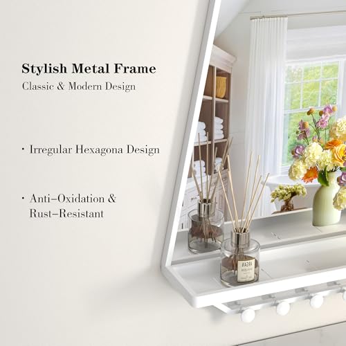 Image of BEAUTME 26x20 inch Bathroom Mirror with Shelf, Irregular Hexagonal Metal Wall Mirrors with Hooks, Bathroom Vanity Mirror Farmhouse, Wall Mounted Mirror Decor for Living Room Bedroom Entryway (White)
