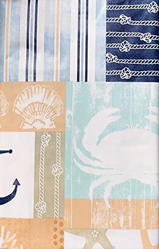 Summertime Nautical Sea Life and Symbols Patchwork Vinyl Tablecloth (52" x 90" Oblong)