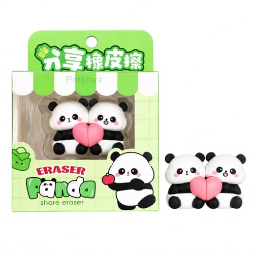 Image of Parshya Cute Paanda Eraser Set (2 Pcs) with Gift Box | Kawaii Split Heart Design | Non-Toxic Soft Rubber Erasers for Kids School Supplies Return Gifts Stationery Items for Girls Boys