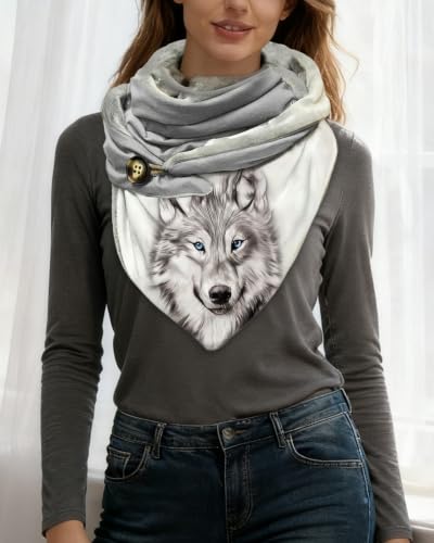 Hiseng Echarpes et Foulards Femme, Echarpe Triangle Echarpe Femme à Boutons Rétro Animaux Loup Impression Automne Hiver Chaudes Doux Châles Scarf Noël Chaude – vue 2