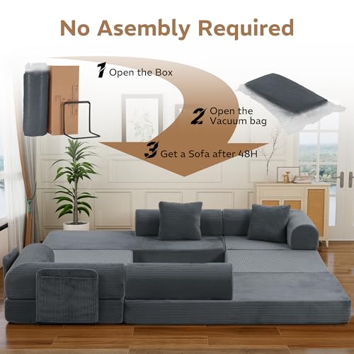 Image of 141.73'' U-Shaped Sectional Sofa Bed, 6-in-1 Modular Corduroy Couch with Soft Cloud-Like Feel, Removable Storage Bag, Anti-Pilling Fabric, Tool-Free Assembly, for Living Room, Grey