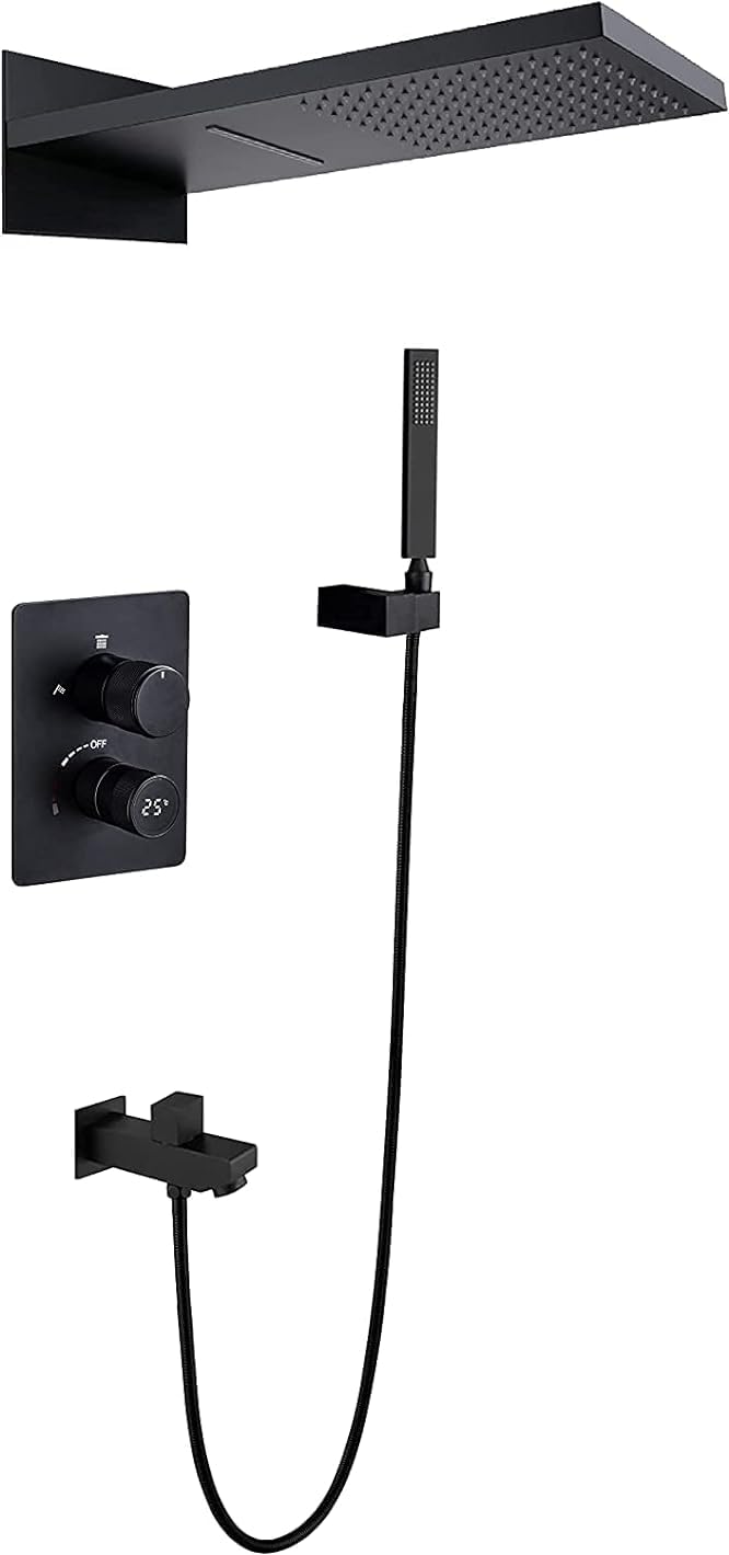 OZBMA Shower Set Digital Display Faucet Matt Black Concealed Mixer with Brass Hand and Waterfall Rainfall Head (Contain Rough-in Valve Body Trim)
