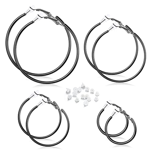 Fasacco 14K Clip On Hoop Earrings Stainless Steel Fake Hoop Earrings For Women Non Pierced Ears Black Tone #TOP22