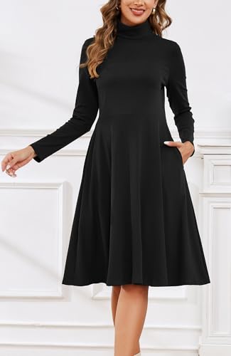 Kormei Women's Long Sleeve Turtleneck Casual Ribbed Knit Loose Tunic Fall Dress A Line Flare Dresses3