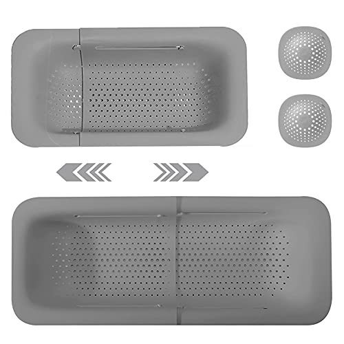 P-DYH Gray Collapsible Colander Kitchen Extendable Strainer with 2-Sink Mats, Plastic Fruit Basket Wash Vegetables and Fruits, Drain Cooked Pasta and Dry Dishes