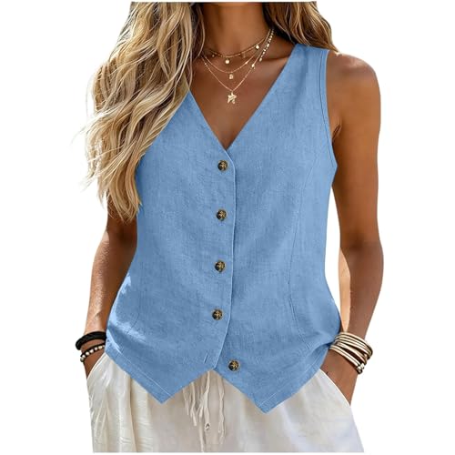 Generisch Leinenweste Damen Weste Ärmellose Damen Sommer Jacke Lässige Freizeitzweste Bequeme Businessweste Casual V-Ausschnitt Button Down Westen Elegante Anzugweste Mit Knöpfen