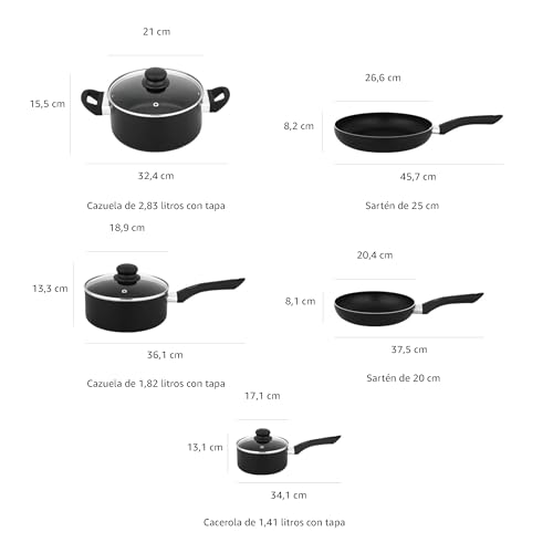 Amazon Basics Juego de utensilios de cocina antiadherentes, 8 Unidads (5 ollas + 3 tapas), Negro - imagen 4