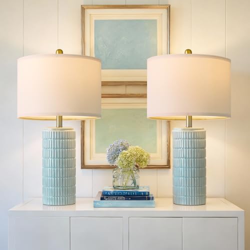Image of PoKat 23 inch Light Blue Table Lamps Set of 2, Modern Bedside Lamps for Bedroom, Coastal Ceramic End Table Lamps for Living Room, Ocean Nightstand New Home Decor Lamps
