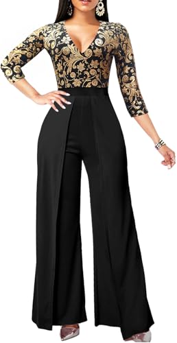 SxClub Black Sparkly Jumpsuit for Women Dressy Elegant 3/4 Sleeve Long Straight Pants Overlay Cocktail Party Club Jumpsuits(Medium)