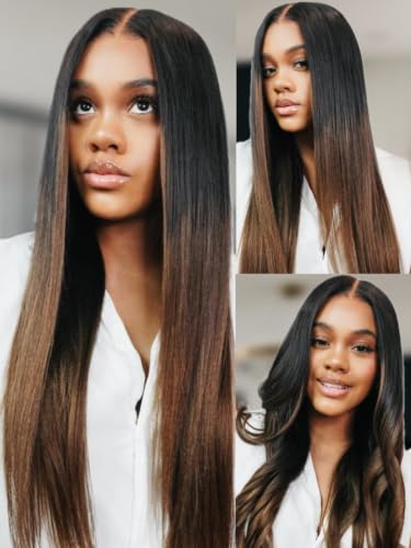 Image of KLAIYI Ombre Brown Yaki Straight Pre Everything Glueless Precut 13x4 Lace Front Wigs Human Hair Drawstring Pre Plucked Bleached Ready to Wear and Go Wig with Dark Roots Chestnut Balayage Brown 26Inch