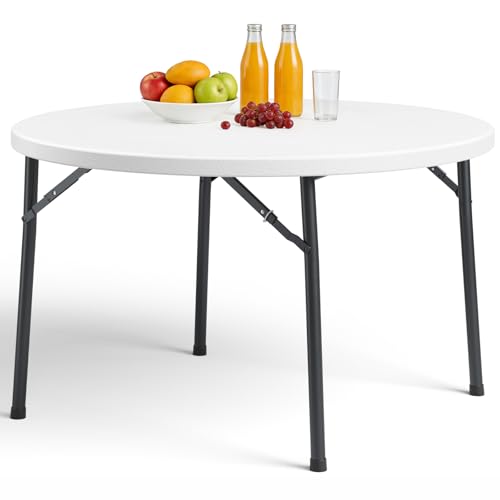 FurniEdge Round Folding Table 48 Round Card Table with Foldable Steel Legs Heavy Duty Plastic Banquet Table for Outdoor Party Event Kitchen White