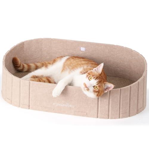 FUKUMARU Kratzbrett für Katzen, 61 cm Kratzpappe in Sofa-Form, Umkehrbares Katzenbett, Runde Kratzpads aus hochwertiger Filz und Karton, beige