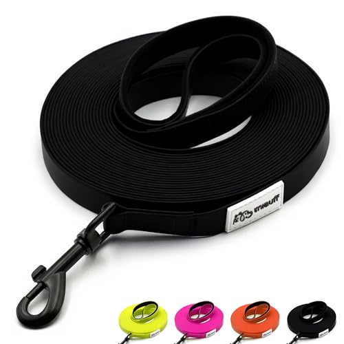 Miauff Schleppleine für Hunde, Gummiert & Wasserdicht, Robuste Trainingsleine mit Handschlaufe & Karabiner für Große bis Kleine Hunde (schwarz, 3m)