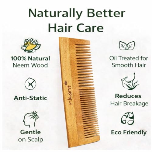 Image of R.Kant Neem Wood Comb for Women & Men | Dual Teeth Wooden Hair Comb | Wide & Fine Tooth Detangling Shampoo Comb | Anti-Static | Smooth Rounded Teeth | Gentle Scalp Massage | Natural Wooden Comb | 1 Piece