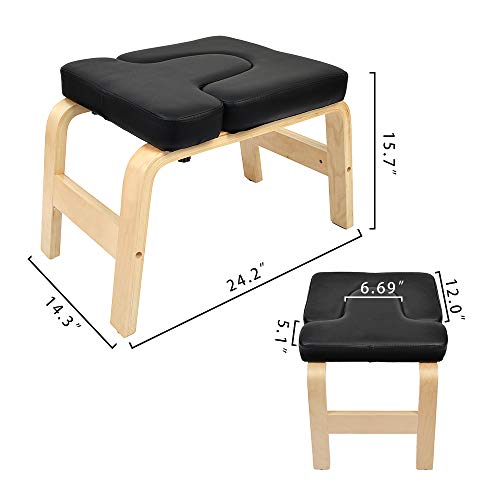 UNCHAIN Yoga Headstand Bench Wood Stand, Yoga Inversion Chair Stool Handstand with PU Cushion Pads, Solid Fitness Bench Perfect for Both Beginner and Experience Yogis (Black)