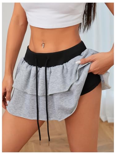 MakeMeChic Women's Y2K Ruffle Double Layered Mini Skirts Elastic Waist Drawstring Flare Skirt3