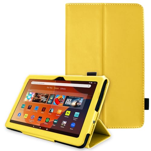 TECHGEAR Neue Fire HD 10 / HD 10 Plus Hülle - PU Leder Slim Hülle mit Ständer & Handschlaufe [Auto Schlaf/Wach] Schutzhülle Tasche für Amazon Fire HD10, HD 10 Plus (11. Generation / 2021) - Gelb