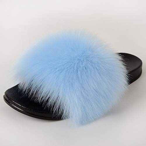 Image of MH Bailment Womens Furry Fluffy Slippers Faux Fur House Slippers Open Toe Fuzzy Slides Soft Flat Slip On Sandals for Indoor Outdoor