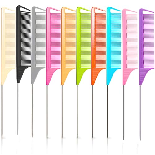 10pcs Rat Tail Combs Set Salon Hair Stylists Metal Fine Tooth Combs Parting Combs for Hair Teasing and Braiding Women GirlStyling Combs for