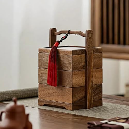 清境Craft 手提げ 収納ケース 収納ボックス ハンドル付き 三段 四角 漆塗り 手作り 行楽弁当箱 胡桃木 収納箱 木 クルミ アウトドア ピクニックランチボックス お正月 迎春 花見 竹細工 和風収納 小物収納 茶道具 茶芸 インテリア