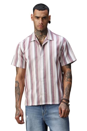 Image of High Star Men Strip Cotton Relaxed Fit Collar Short Sleeve Shirts 36