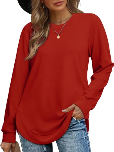 Image of OFEEFAN Womens Sweatshirt Crewneck Long Sleeve Shirts High Low Tops Curved Hem