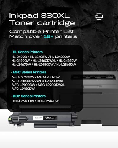 Image of iNKPAD TN830XL TN830 Toner Cartridge 2 Pack, High Yield, Black | Compatible with Brother HL-L2460DW DCP-L2640DW HL-L2400D HL-L2405W MFC-L2820DW, 3000 Pages, with Smart Chip, ISO Certified
