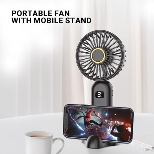Image of Ant Turbo10 Mini Portable Handheld Fan Quite Powerful Built in Rechargeable Battery-operated Fan with Mobile Holder Digital Display 3 Speeds 90Adjustable Personal Small Hand Fan Travel Makeup Black