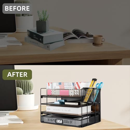 4 Tier Desk Organizers and Accessories, Paper Letter Tray Organizer,Vintage Wood Desk File Organizer with Drawer and 2 Pen Holders for School Home Office Supplies