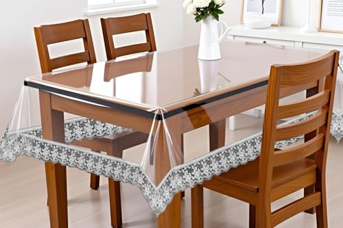 Image of The Furnishing Tree Rectangle Shaped 12 Seater Transparent Table Cover WxL 60x140 inches 0.25 mm Thickness with Silver Lace