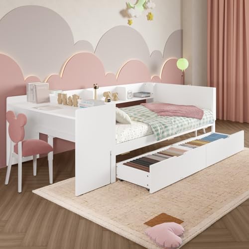 KOMHTOM 90x200/140x200cm Lit Plat avec 2 Tiroirs et Sommier à Lattes, Lit en Bois Multifonctionnel avec Bureau et étagères(sans Matelas) (Blanc-avec...