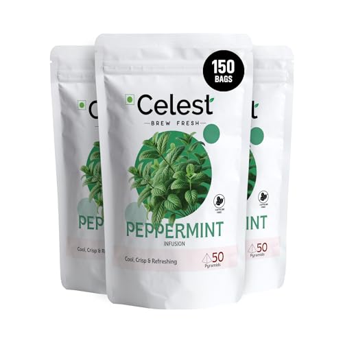 Image of Celest Peppermint Tea Bags 150 Count (50 x 3) | Pure Mint Herbal Infusion | Caffeine Free Beverage | Premium Peppermint Leaves | Pyramid Sachets | Pack of 3