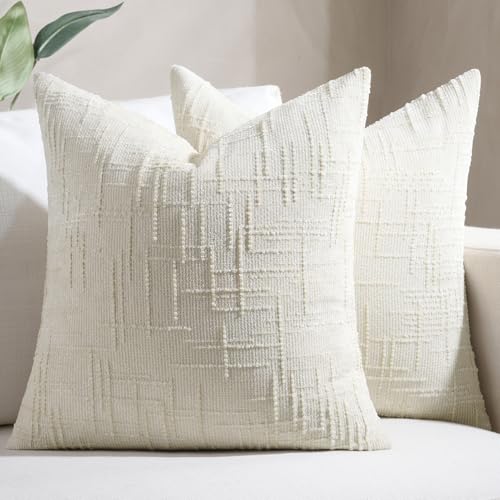 Softalker Spring 18x18 Inch Chenille Throw Pillow Covers - Cream White Set of 2, Accent Farmhouse Decorative Textured Neutral Boho Pillow Cases Easter for Couch Sofa Bed Living Room, Home Decor