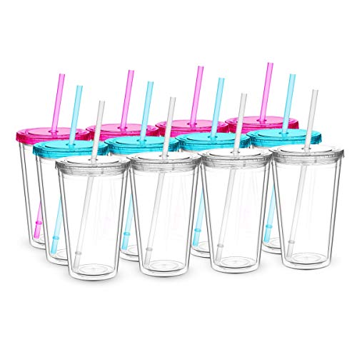 Civago Clear Insulated Acrylic Plastic Tumbler Set with Lid and Reusable Straw, Classic Double Wall Tumbler Cup - 16 oz, 12 Pack Bulk (4 Fuchsia, 4 Blue, 4 Clear)
