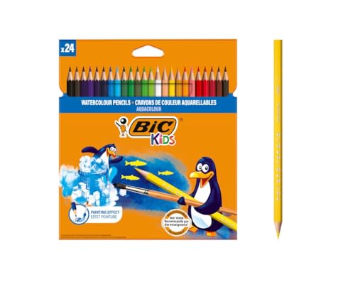 Bic Kids Matite Colorate Acquerellabili, Aquacouleur, Colori Assortiti, Confezione Da 24 Matite, Colori Per Bambini A Casa E A Scuola
