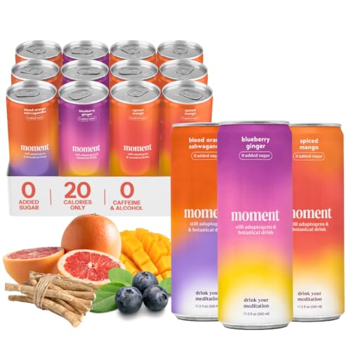 Moment Botanical Water STILL - Healthy & Natural: Hibiscus Dragon Fruit, Blood Orange, Lemon L-Theanine and Ashwagandha for Zen & Stress Relief. No Caffeine or Added Sugar. Keto. 24 Cans