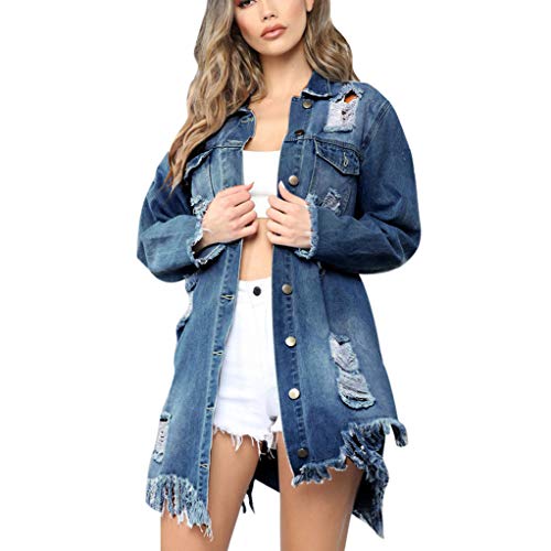 Holzkary Women's Denim Jacket Boyfriend Button Up Long Sleeve Jean Jacket Hole Open Front Overcoat Tops(2XL.Blue)
