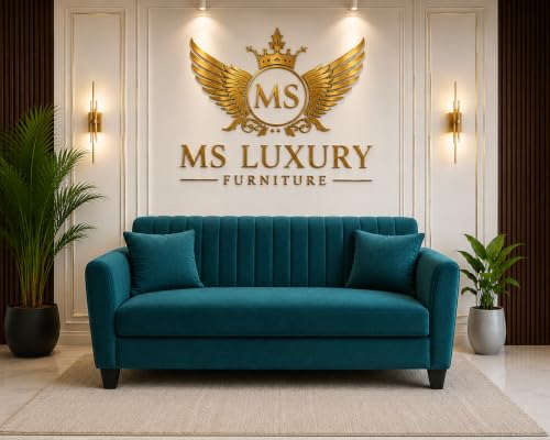 Image of MS Luxury FURNITRE Premium Luster 3-1-1 Sofa Set | 3 Seater | 5 Seater | Velvet Suede Fabric | 7 Colours with Sollid fibare Legs & 4 Cushion Free. (Teal, 3 Seater)